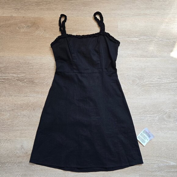 ASOS DESIGN Cotton Linen Mix Ruffle Trim Mini Sundress Black Size 2 New With Tag - Picture 1 of 17